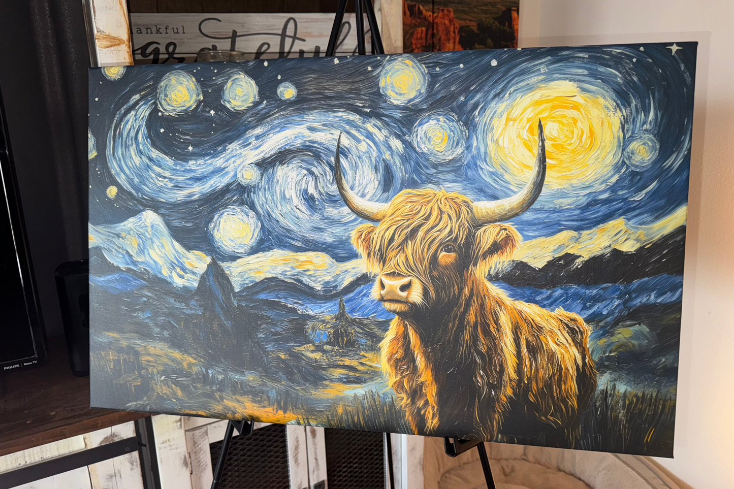 Highland Cow Starry Night Canvas Art Print