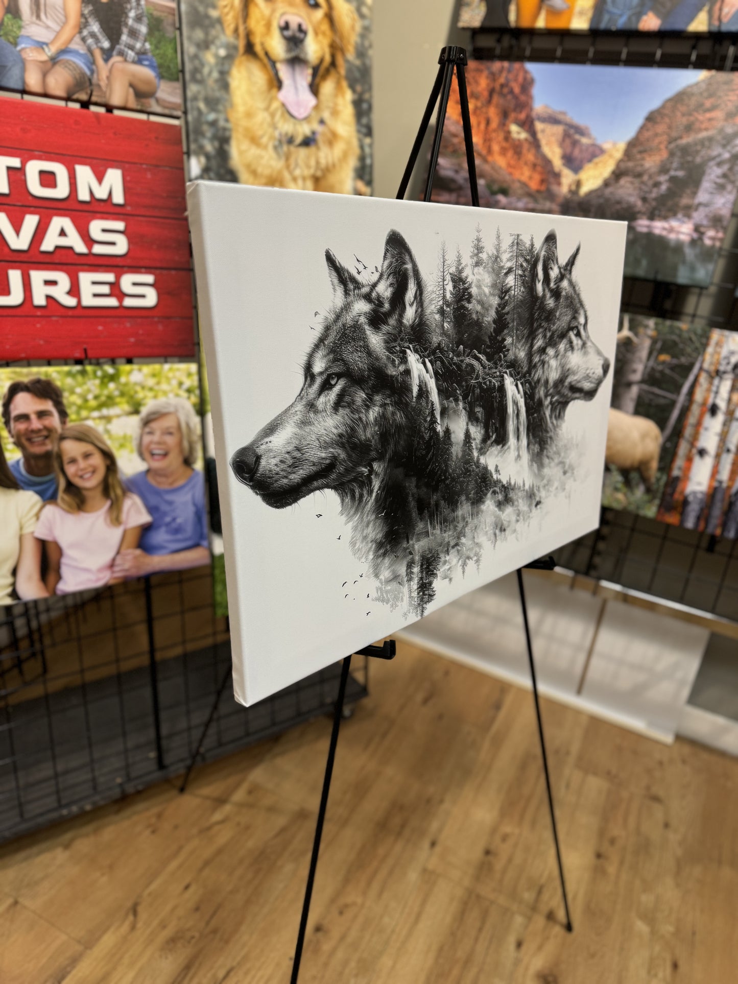 2 Wolves Double Exposure Sketch Art Canvas Print