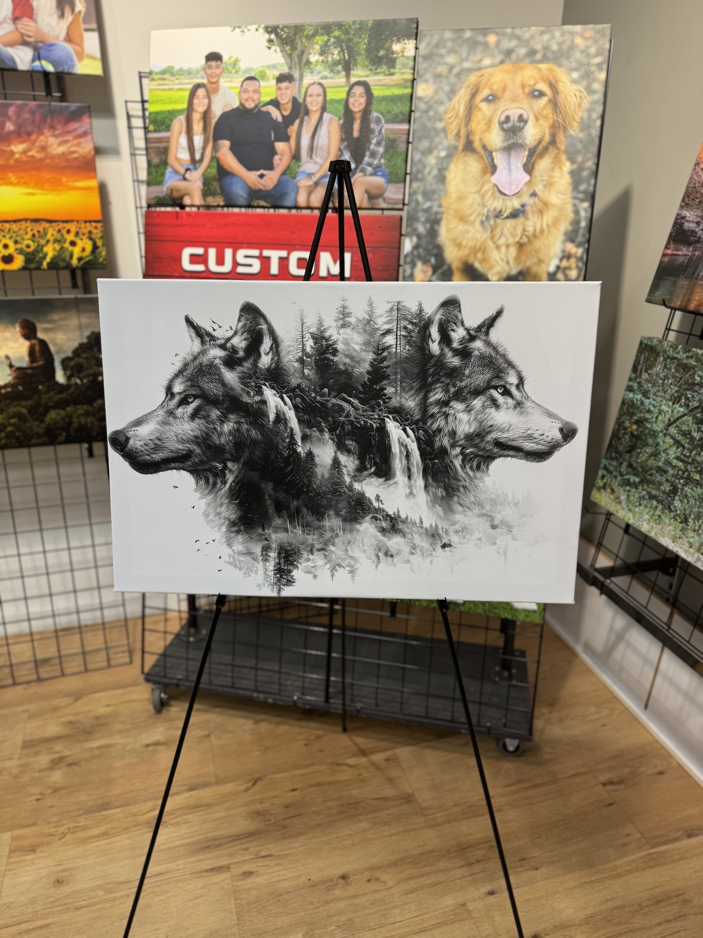 2 Wolves Double Exposure Sketch Art Canvas Print