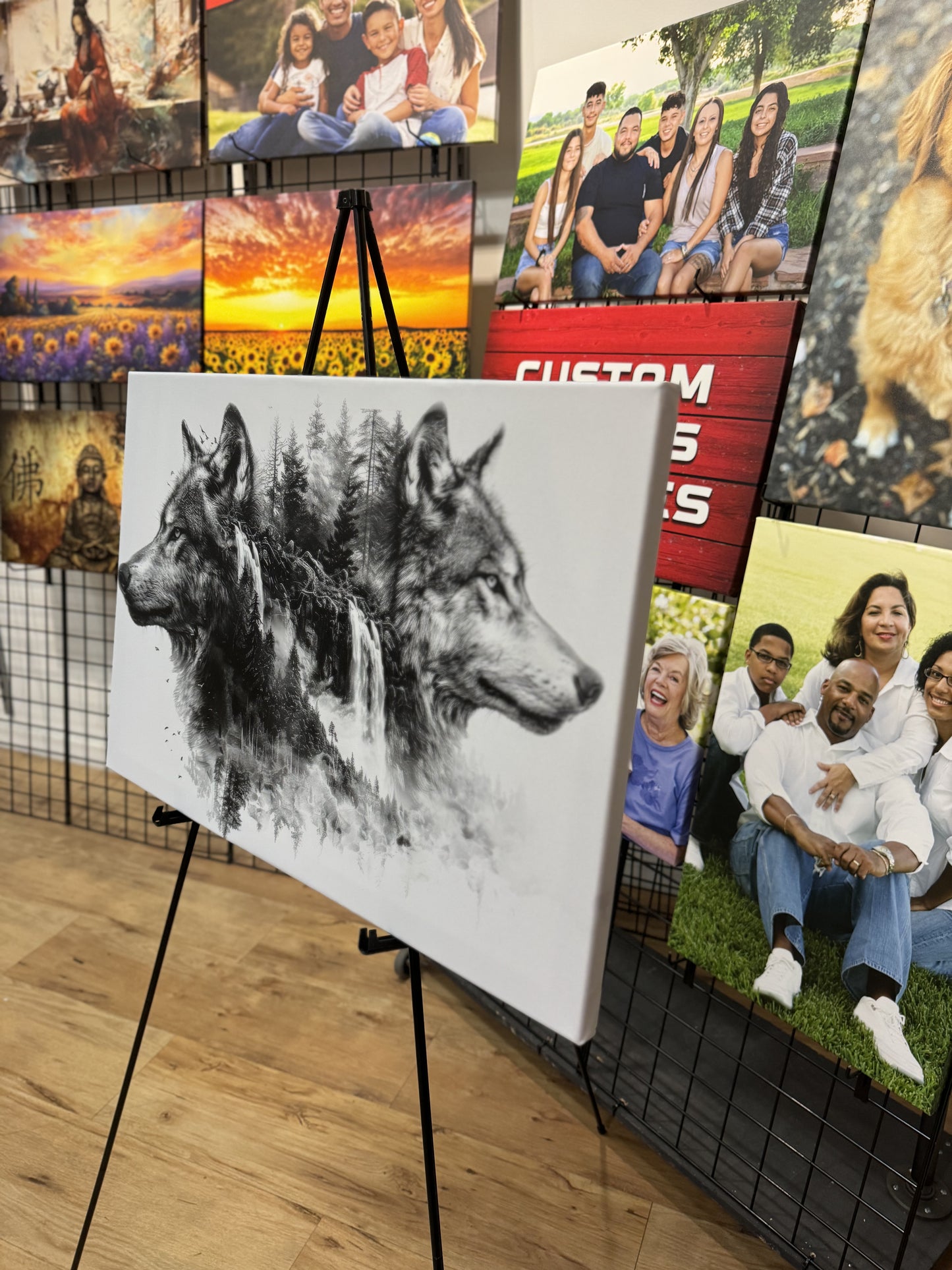 2 Wolves Double Exposure Sketch Art Canvas Print