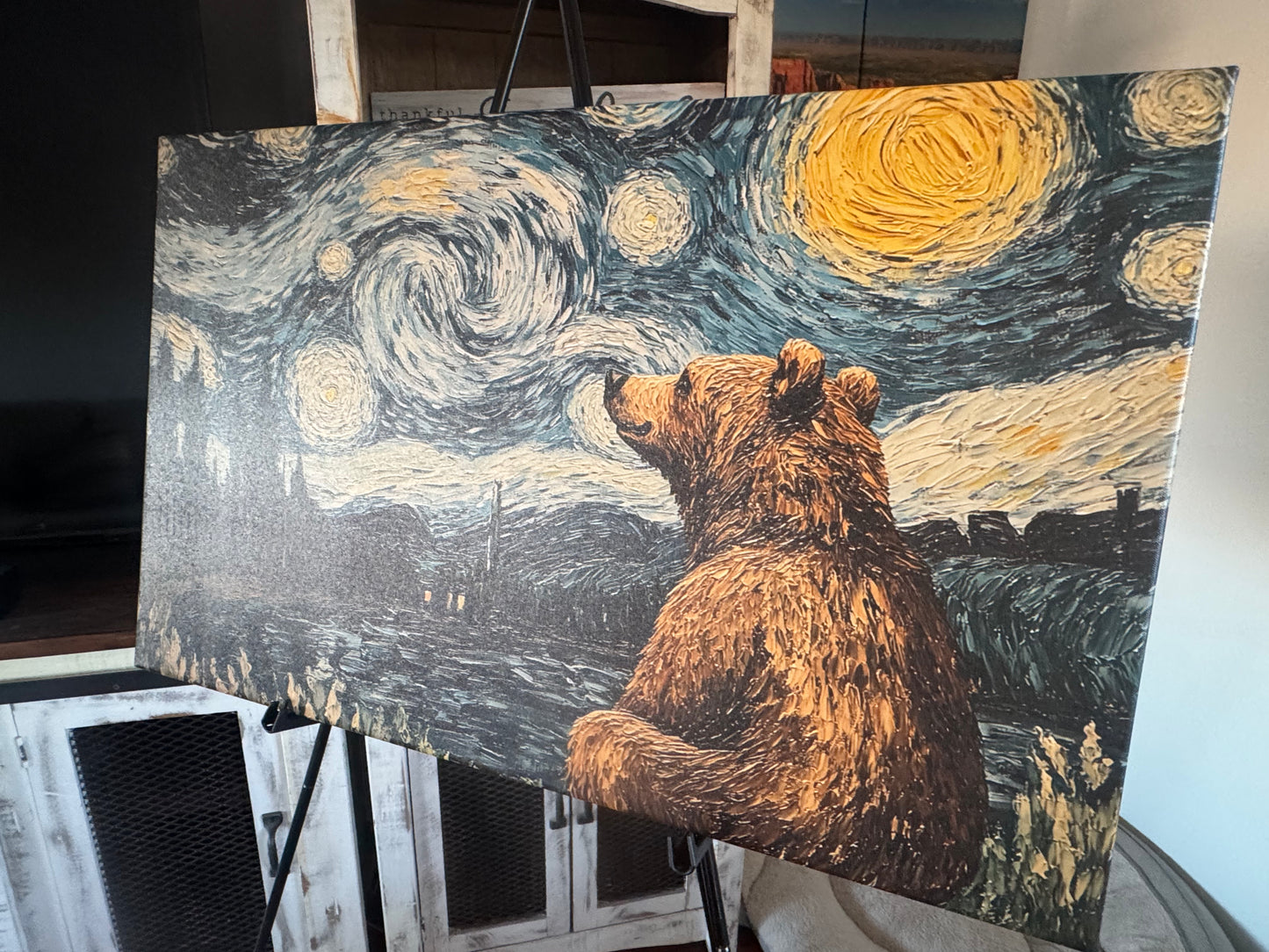 Brown Bear Starry Night Canvas Art Print