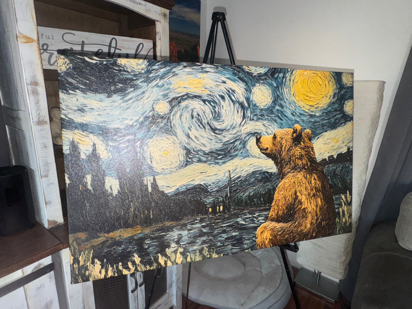 Brown Bear Starry Night Canvas Art Print