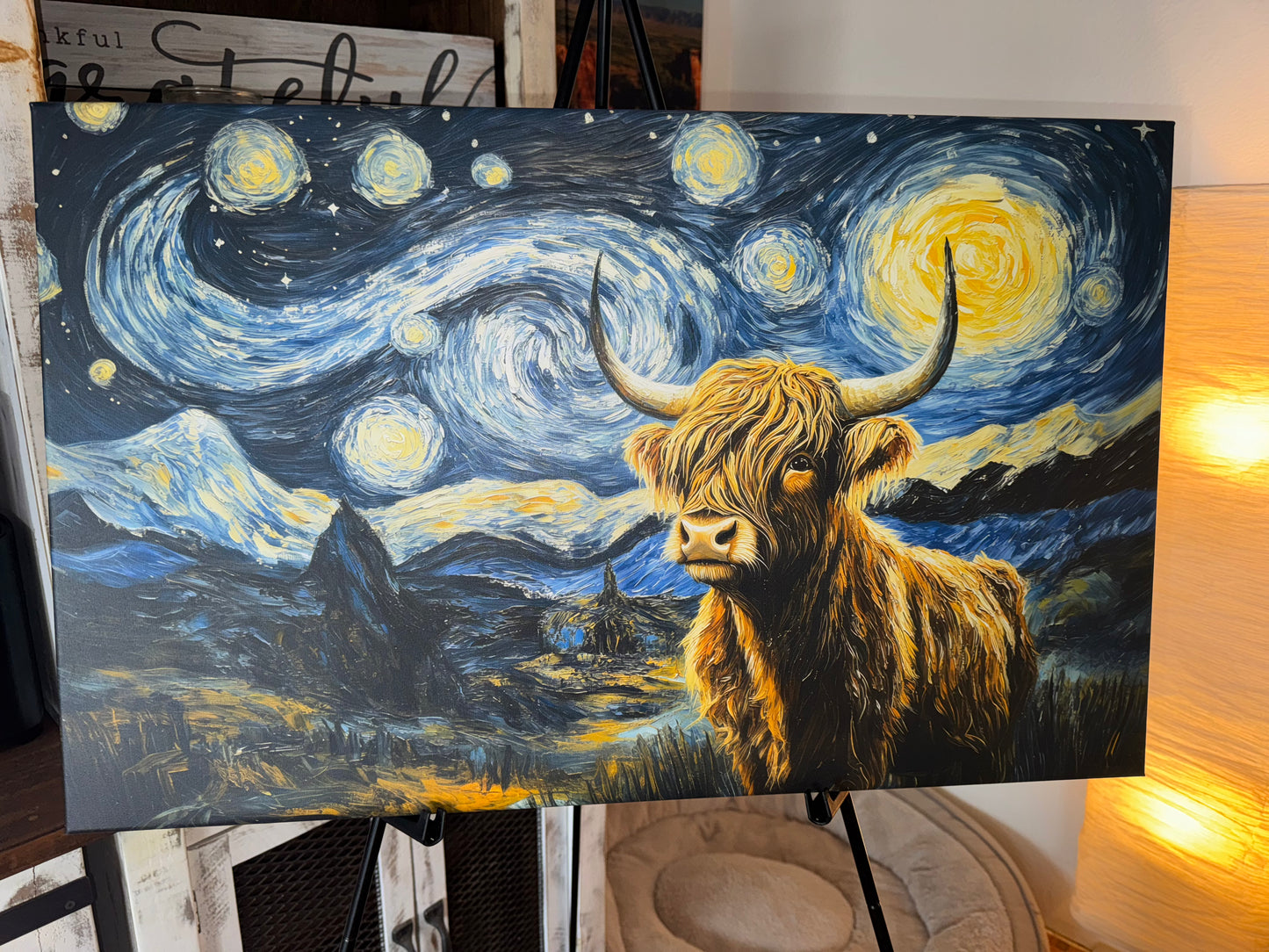 Highland Cow Starry Night Canvas Art Print