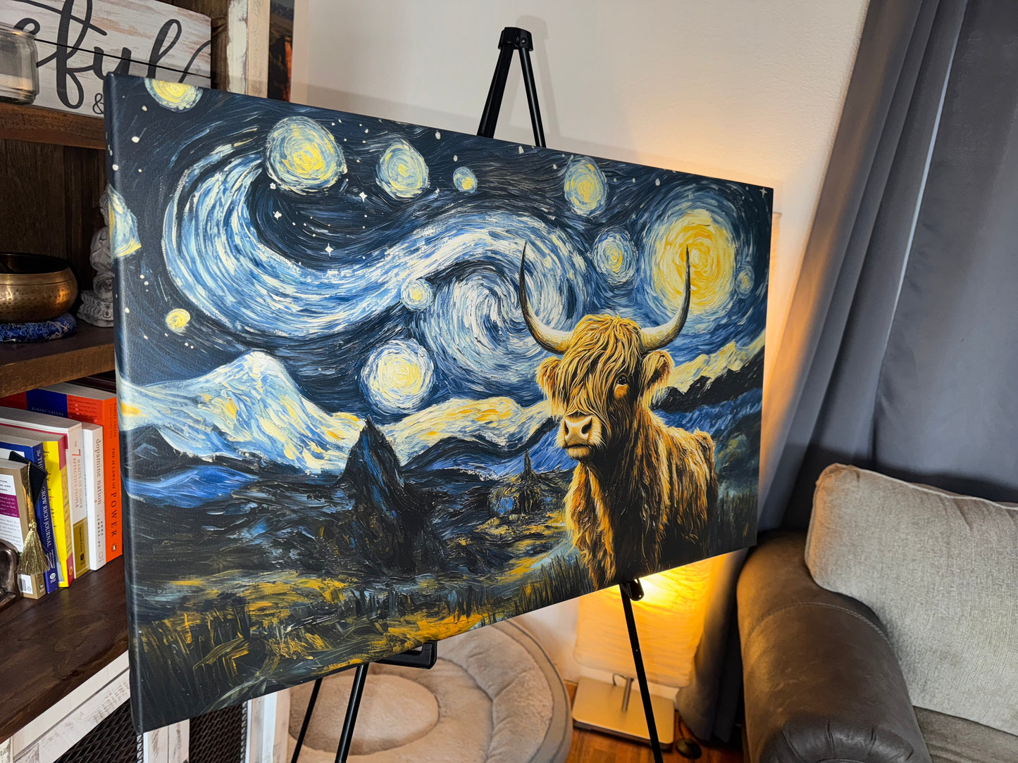 Highland Cow Starry Night Canvas Art Print